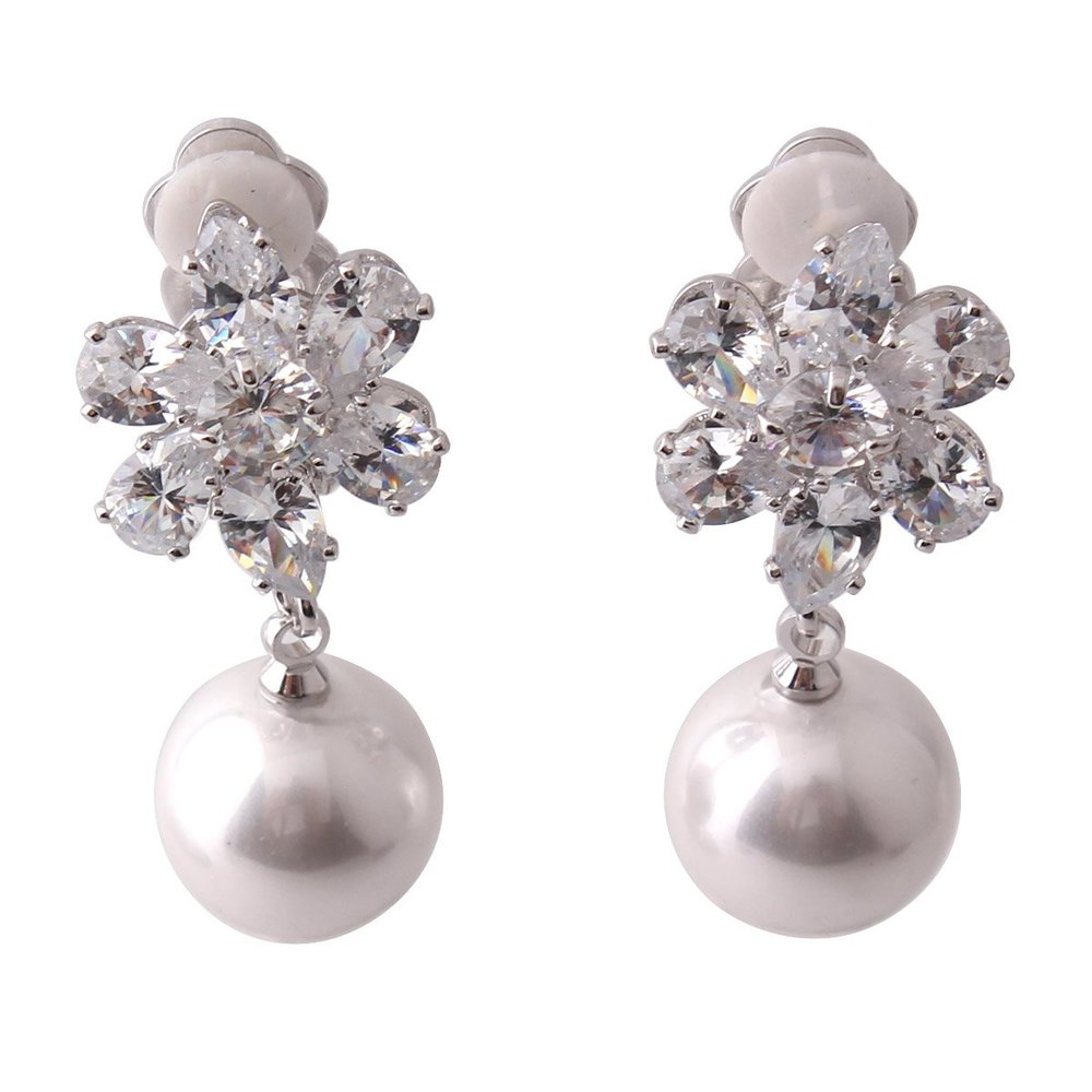 Grace Jun Bridal Luxury Platinum Plated CZ With Simulated Pearl Flower Shape Clip on Earrings No Pierced Earrings Ear Clip