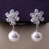 Grace Jun Bridal Luxury Platinum Plated CZ With Simulated Pearl Flower Shape Clip on Earrings No Pierced Earrings Ear Clip view 4