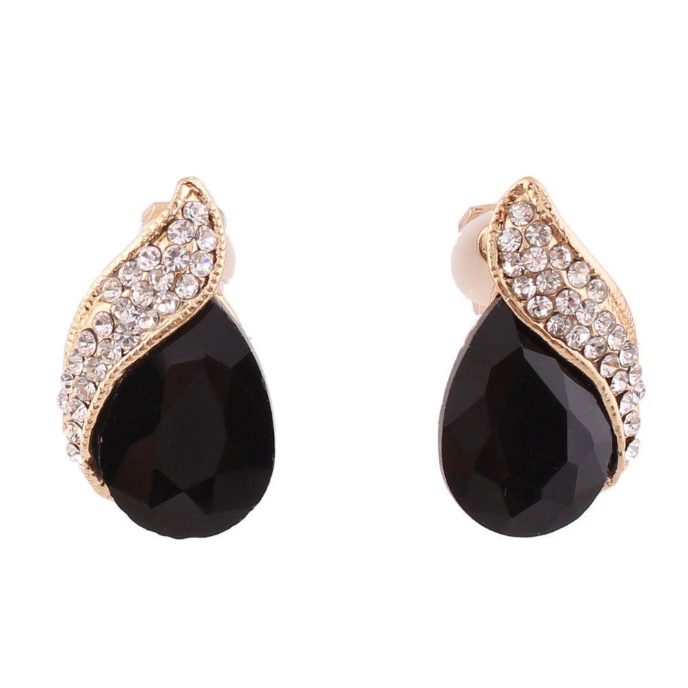 Grace Jun Gold Plated Big Black Crystal Rhinestone Clip on earrings for Women Party Ear Clip
