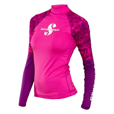 SCUBAPRO UPF 50 Rash Guard Long-Sleeve Womens Diving Shirt, for Scuba Diving and Water Sports, Pull-On Polyester Exposure Protection Layer, X-Small, Flamingo