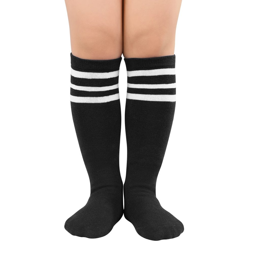 Zando Kid Soccer Socks Three Stripe Knee High Youth Softball Baseball Tube Compression Athletic Socks Children Halloween Cosplay for Boys Baby Girls Stockings 1 Pairs Black White 4-6 Years