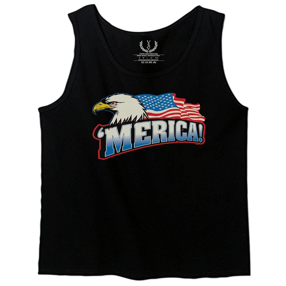 0055. Merica Eagle USA American Flag United States America Men's Tank Top (Black, Small)
