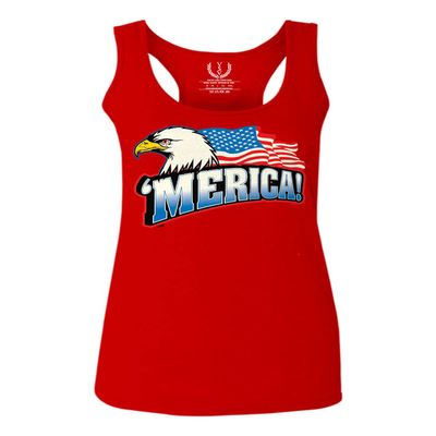 0055. Merica Eagle USA American Flag United States America Women's Tank Top Racerback (Red, Small)