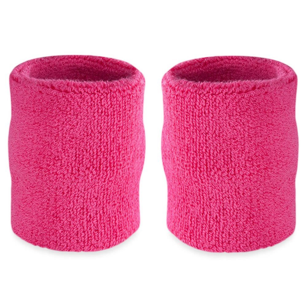 Suddora Arm Sweatbands, Absorbent and Breathable Thick Cotton Bands for Working Out, Gymnastics, Basketball, Tennis, and Football, Multiuse 4-inch Wristbands for Costumes, Neon Pink
