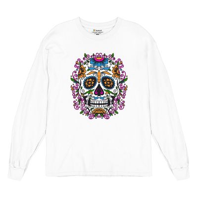 Floral Sugar Skull Day of The Dead Long Sleeve T-Shirt Dia de Muertos Calavera White Small