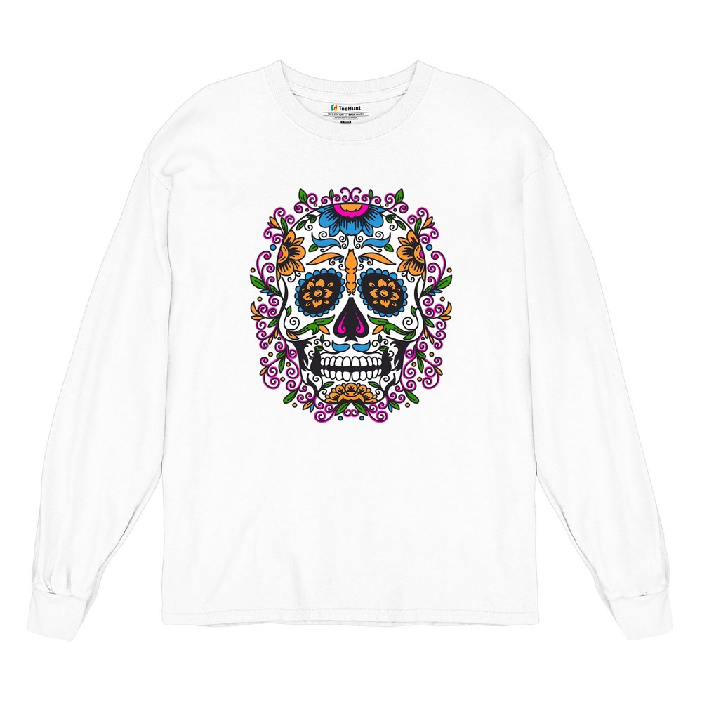 Floral Sugar Skull Day of The Dead Long Sleeve T-Shirt Dia de Muertos Calavera White Small