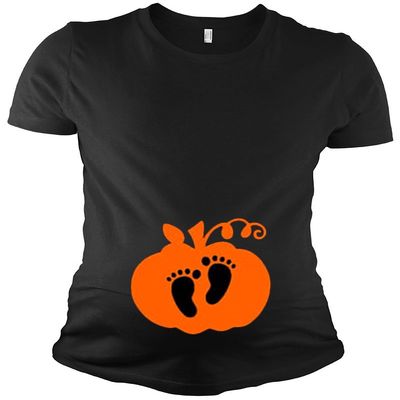 Maternity Short Sleeve T-Shirt - Pumpkin w/Baby Feet, Black, M