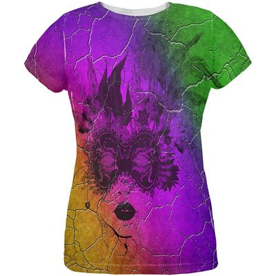 Mardi Gras Party Mask Distressed Grunge Flag All Over Womens T Shirt - SM/Multi