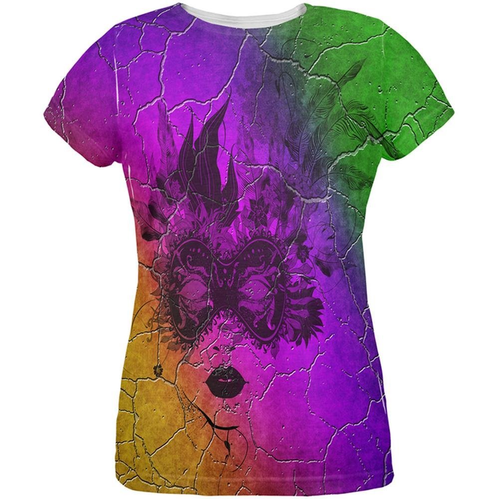 Mardi Gras Party Mask Distressed Grunge Flag All Over Womens T Shirt - SM/Multi