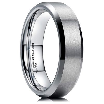 King Will 6mm Men's Silver Wedding Ring - Brushed Matte Surface, Beveled Polished Edge, Comfort Fit Size16