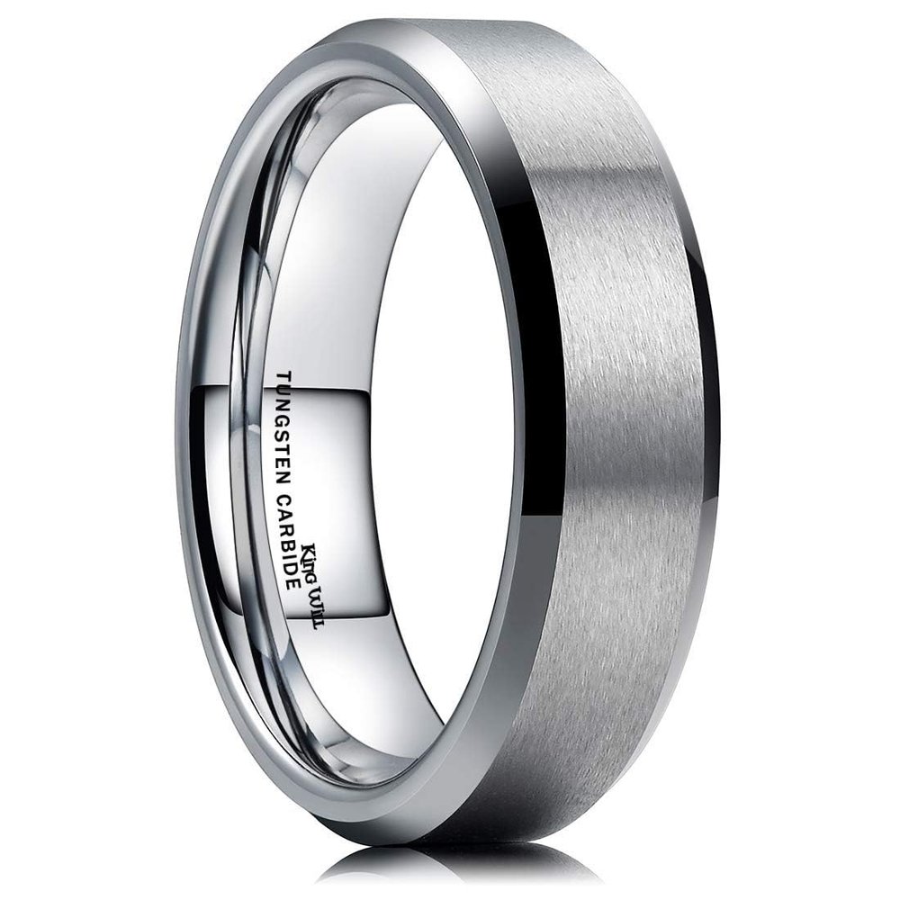 King Will 6mm Men's Silver Wedding Ring - Brushed Matte Surface, Beveled Polished Edge, Comfort Fit Size15.5