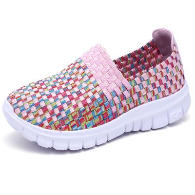 Konfor Women Multicolor Elasticized Fabric Casual Plaid Weave Flats Slip on Sneakers Walking Shoes (Pink US7.5)