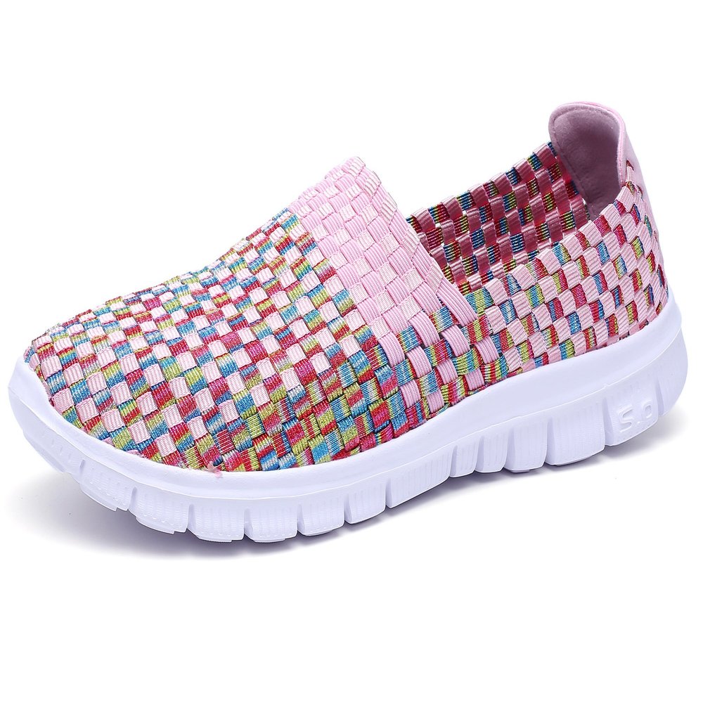 Konfor Women Multicolor Elasticized Fabric Casual Plaid Weave Flats Slip on Sneakers Walking Shoes (Pink US7.5)