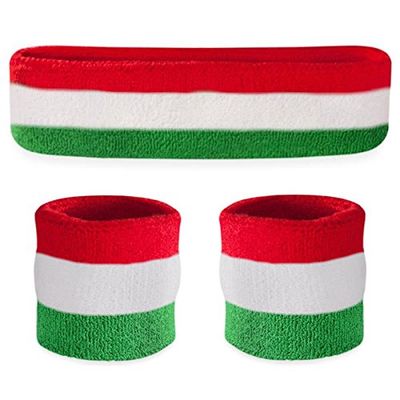 Suddora Striped Sweatband Set, Moisture Wicking 2 Wristbands and 1 Headband, Breathable Athletic Sweat Bands for Sports, Costumes & Cosplay, Matching Bands to Wear with Jersey, Red White Green