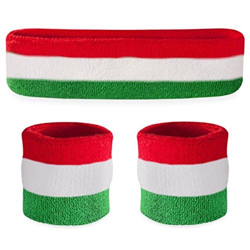 Suddora Striped Sweatband Set, Moisture Wicking 2 Wristbands and 1 Headband, Breathable Athletic Sweat Bands for Sports, Costumes & Cosplay, Matching Bands to Wear with Jersey, Red White Green