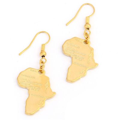 Big Size Crystal Africa Map Pendant Necklace Women 24K Gold African Map Hiphop Item (Gold Earrings)