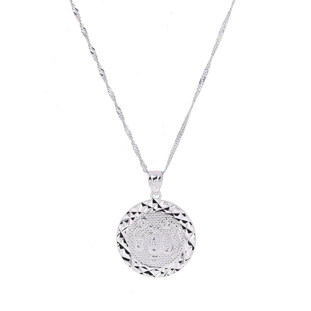 24K Gold Platinum New Islamic Allah Pendant Charms Necklace Religious Muslim Jewelry (Silver Plated Round Style)