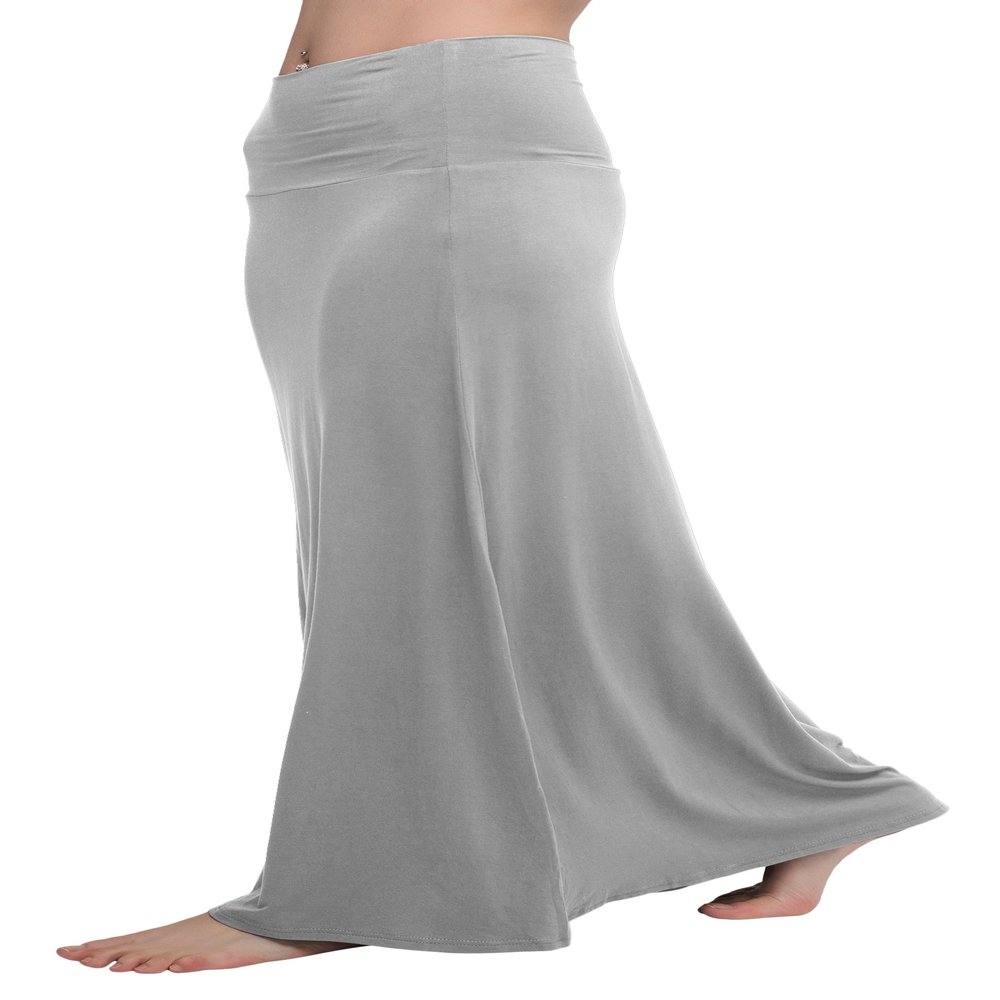 Urban CoCo Women's Stylish Spandex Comfy Fold-Over Flare Long Maxi Skirt (M, Light Gray)