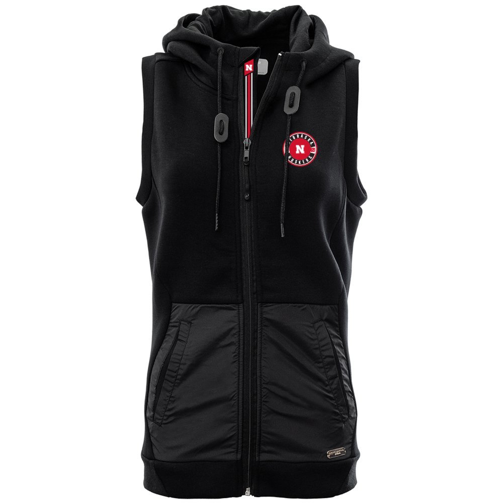 Levelwear LEY9R NCAA Nebraska Cornhuskers Women's Iris Banner Stripe Full Zip Hooded Vest, Large, Black