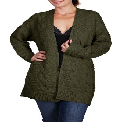 BodiLove Women's Chunky Cable Knit Open Front Oversize Sweater Cardigan Hunter Green L/XL(L7514(7014))