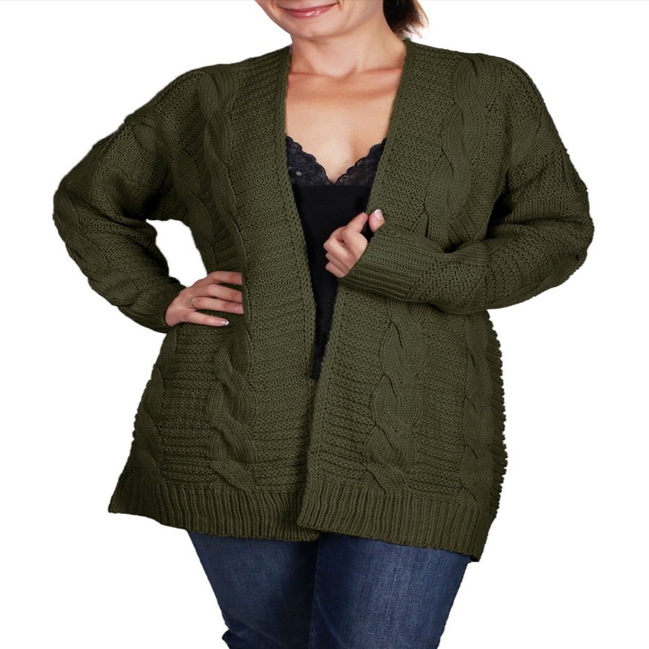BodiLove Women's Chunky Cable Knit Open Front Oversize Sweater Cardigan Hunter Green L/XL(L7514(7014))