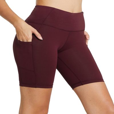 baleaf Women's High Waist Biker Shorts with 3 Pockets Wine Red XL