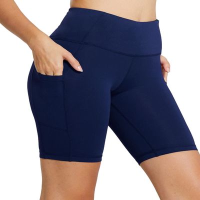 baleaf Biker Shorts Women Yoga Gym Workout Spandex Running Volleyball Tummy Control Compression with Pockets 8" Navy Blue M