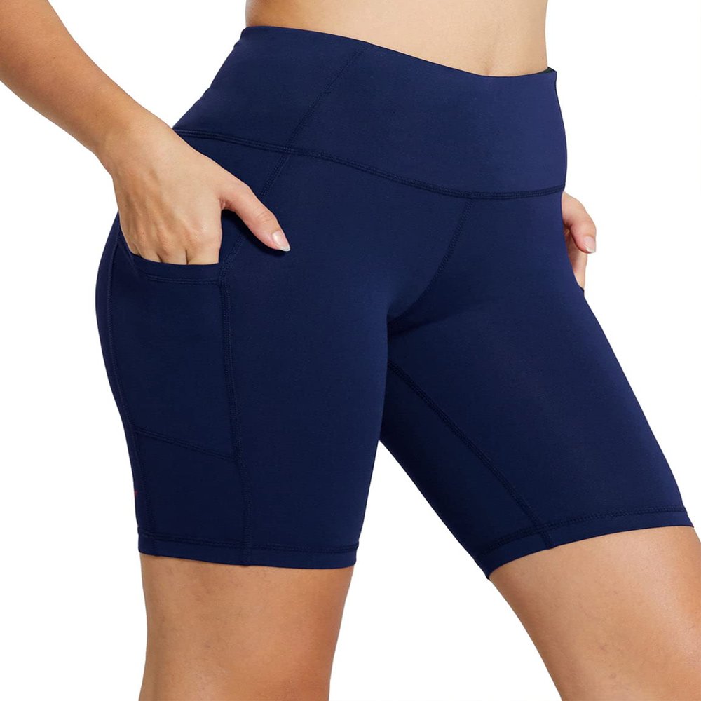 baleaf Biker Shorts Women Yoga Gym Workout Spandex Running Volleyball Tummy Control Compression with Pockets 8" Navy Blue M
