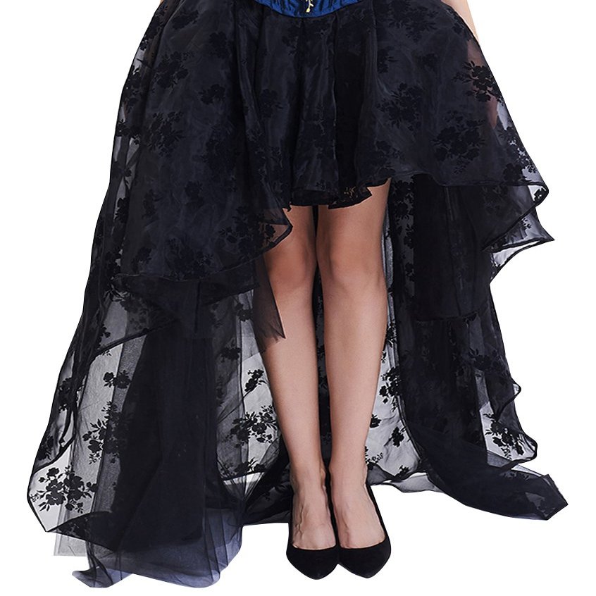 Charmian Women's Steampunk Gothic Irregular Multi-Layer Floral Print Organza High Low Bubble Skirt Black Small