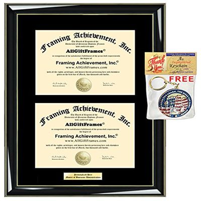 AllGiftFrames Double Certificate Frame Engraved Personalized Dual Two Degree Frame University Glossy Majestik Black Gold Accent Black Matted Dual Two Certificate Frame Graduation Documents Holder