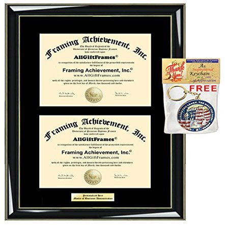 AllGiftFrames Double Certificate Frame Engraved Personalized Dual Two Degree Frame University Glossy Majestik Black Gold Accent Black Matted Dual Two Certificate Frame Graduation Documents Holder
