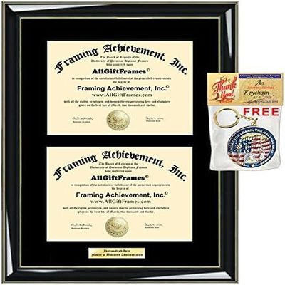 AllGiftFrames Double Certificate Frame Engraved Personalized Dual Two Degree Frame University Glossy Majestik Black Gold Accent Black Matted Dual Two Certificate Frame Graduation Documents Holder