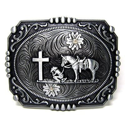 Belt Buckle Vintage Horseman Prayer Horse Cross Christian Western Cowboy Flower