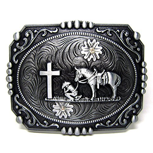 Belt Buckle Vintage Horseman Prayer Horse Cross Christian Western Cowboy Flower