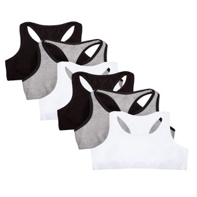 Fruit of The Loom Big Girl's Cotton Built-up Sport Bra 6 Pack (Pack of 6) Bra, Grey/Black/Black/White, 38