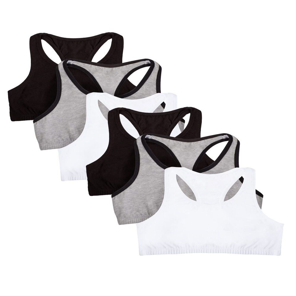 Fruit of The Loom Big Girl's Cotton Built-up Sport Bra 6 Pack (Pack of 6) Bra, Grey/Black/Black/White, 38