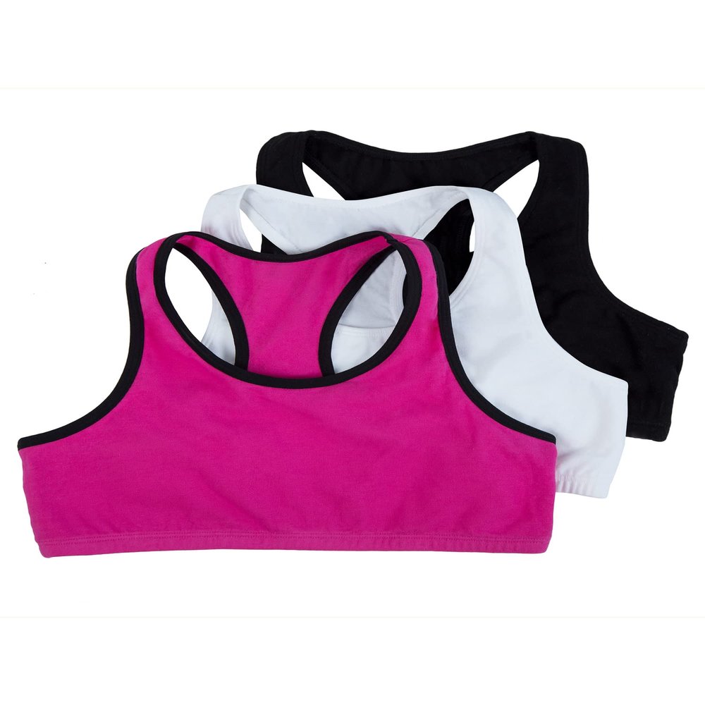 Fruit of The Loom Big Girl's Cotton Built-up Sport 3 Pack(Pack of 3) Bra, Passion Fruit with Black/White/Black, 38