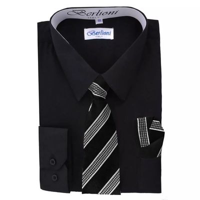 Berlioni Italy Boys Toddlers Long Sleeve Dress Shirt with Tie & Hanky Black