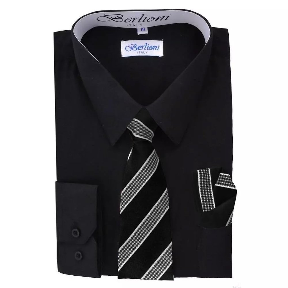 Berlioni Italy Boys Toddlers Long Sleeve Dress Shirt with Tie & Hanky Black