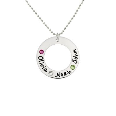 AJ's Collection Sterling Silver Personalized Washer Necklace with 3 Crystal Birthstones with a choice of Sterling Silver Chain. Gift for Her