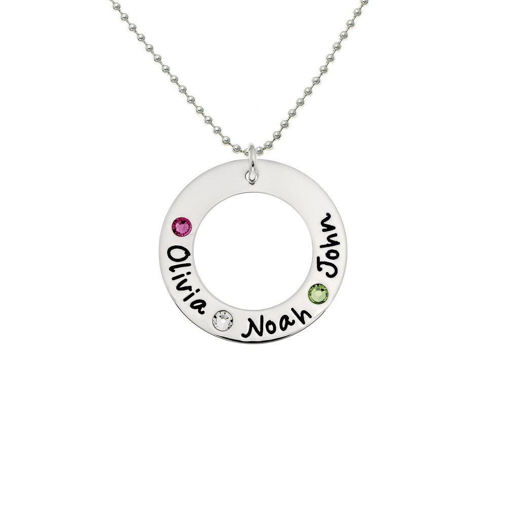 AJ's Collection Sterling Silver Personalized Washer Necklace with 3 Crystal Birthstones with a choice of Sterling Silver Chain. Gift for Her