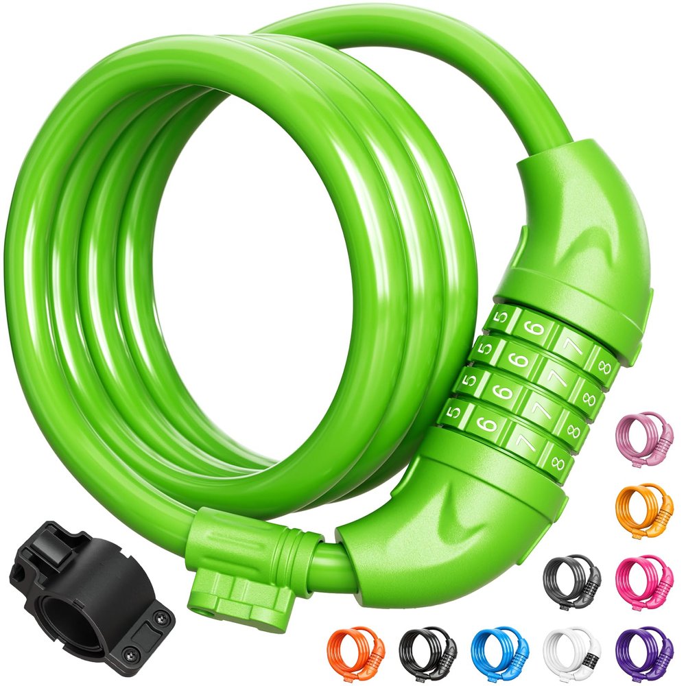 Titanker Bike Lock, 4 Feet Security Resettable Combination Coiling Bike Cable Locks with Mounting Bracket, 1/2 Inch Diameter (Green)