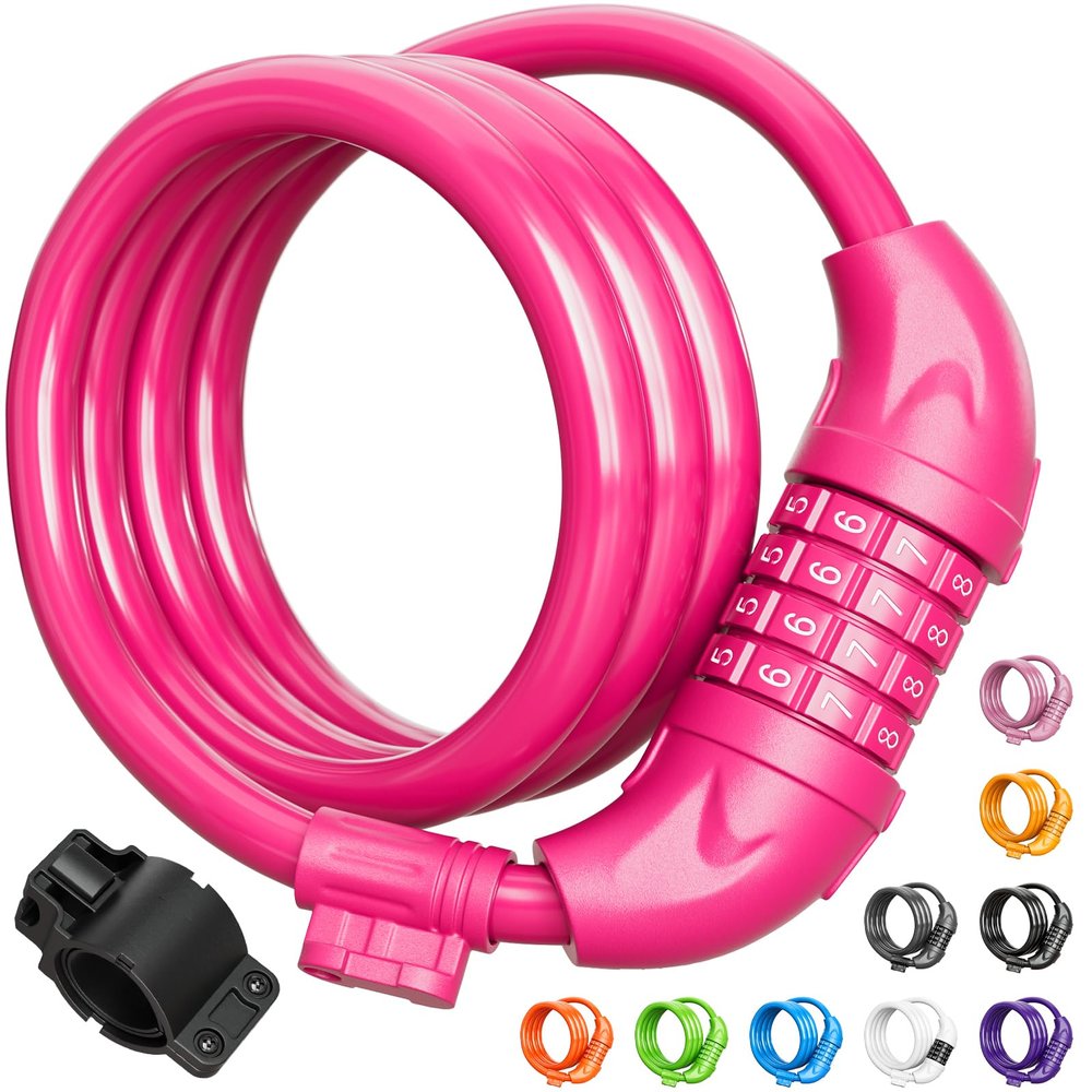 Titanker Bike Lock, 4 Feet Security Resettable Combination Coiling Bike Cable Locks with Mounting Bracket, 1/2 Inch Diameter (Pink)