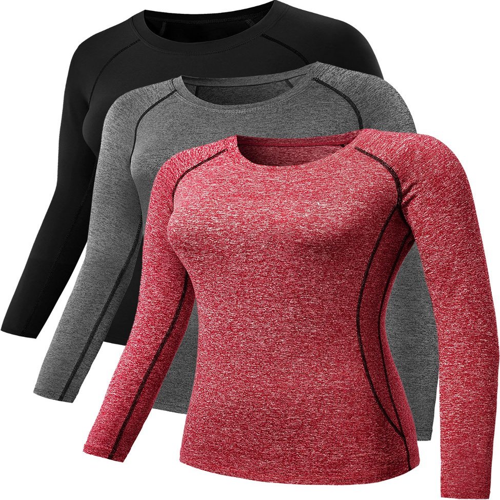 NELEUS Women's 3 Pack Workout Clothes Compression Running Shirt,8021,Black,Grey,Red,S,Tag M