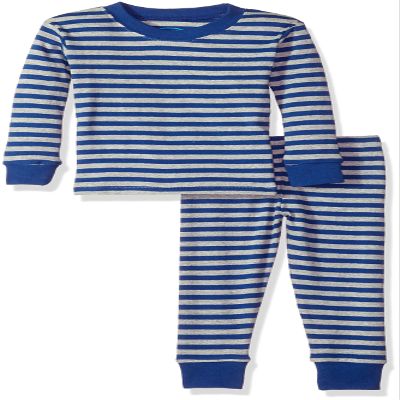 Sara's Prints Kid's All Cotton Long John Pajamas Sleepwear, Grey Navy Stripe/Sign, 12 Months