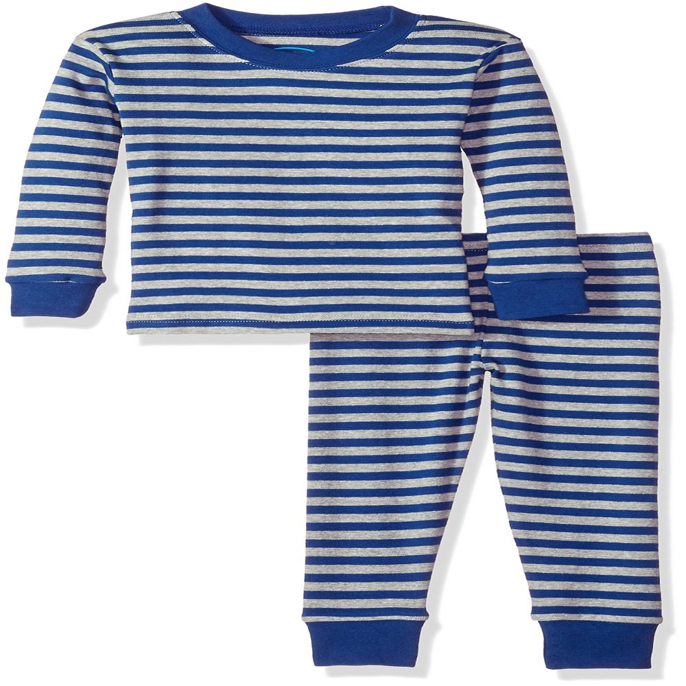 Sara's Prints Kid's All Cotton Long John Pajamas Sleepwear, Grey Navy Stripe/Sign, 12 Months