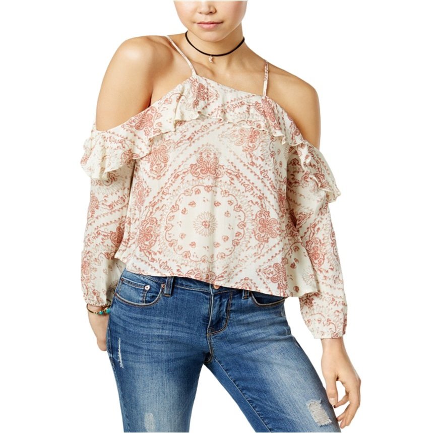 American Rag Juniors' Ruffled Cold-Shoulder Top (Mahogany Combo, XL)