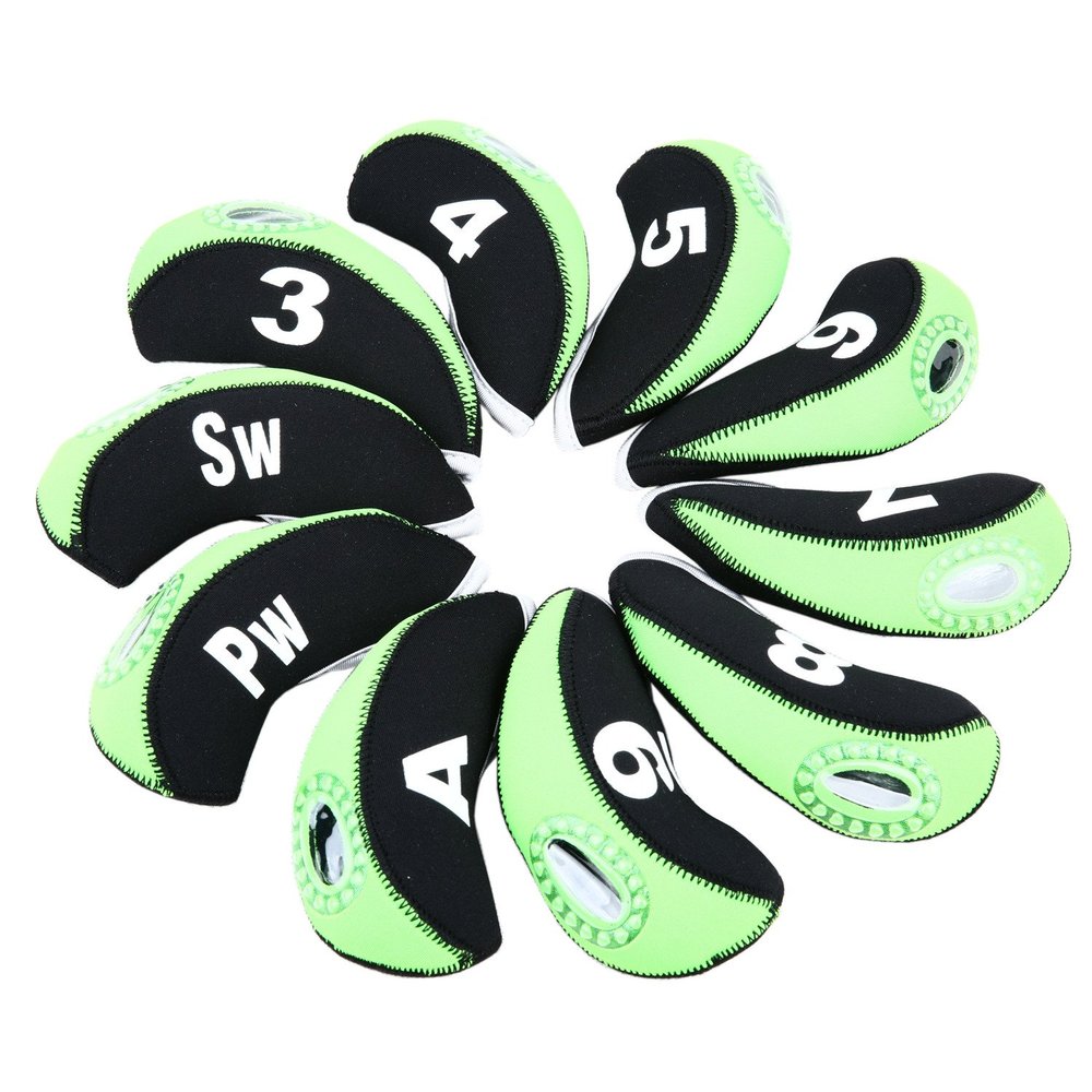 10pcs/Set Golf Iron Club Head Covers with Numbers Neoprene Top Window Iron Covers(Green&Black)