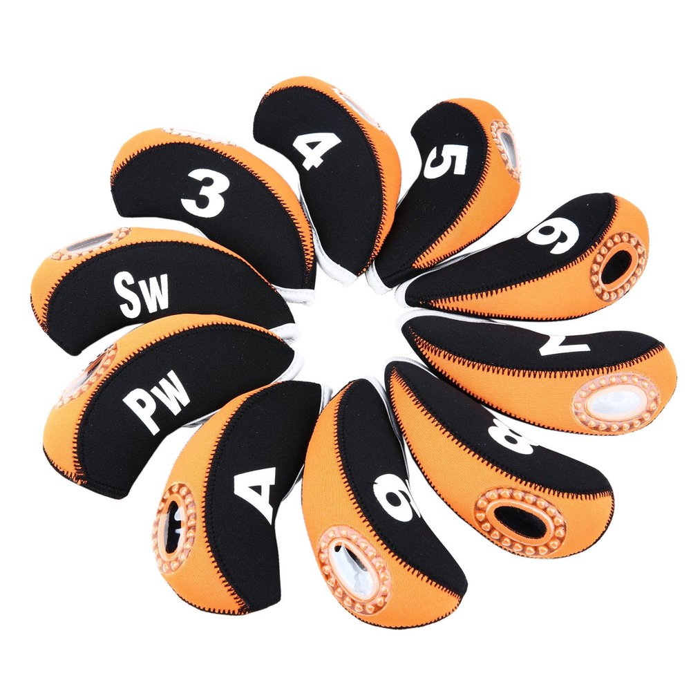 10pcs/Set Golf Iron Club Head Covers with Numbers Neoprene Top Window Iron Covers(Orange&Black)