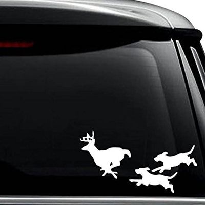 Dog Chasing Deer Buck Hunting Decal Sticker For Use On Laptop, Helmet, Car, Truck, Motorcycle, Windows, Bumper, Wall, and Decor Size- [12 inch] / [30 cm] Wide / Color- Gloss White